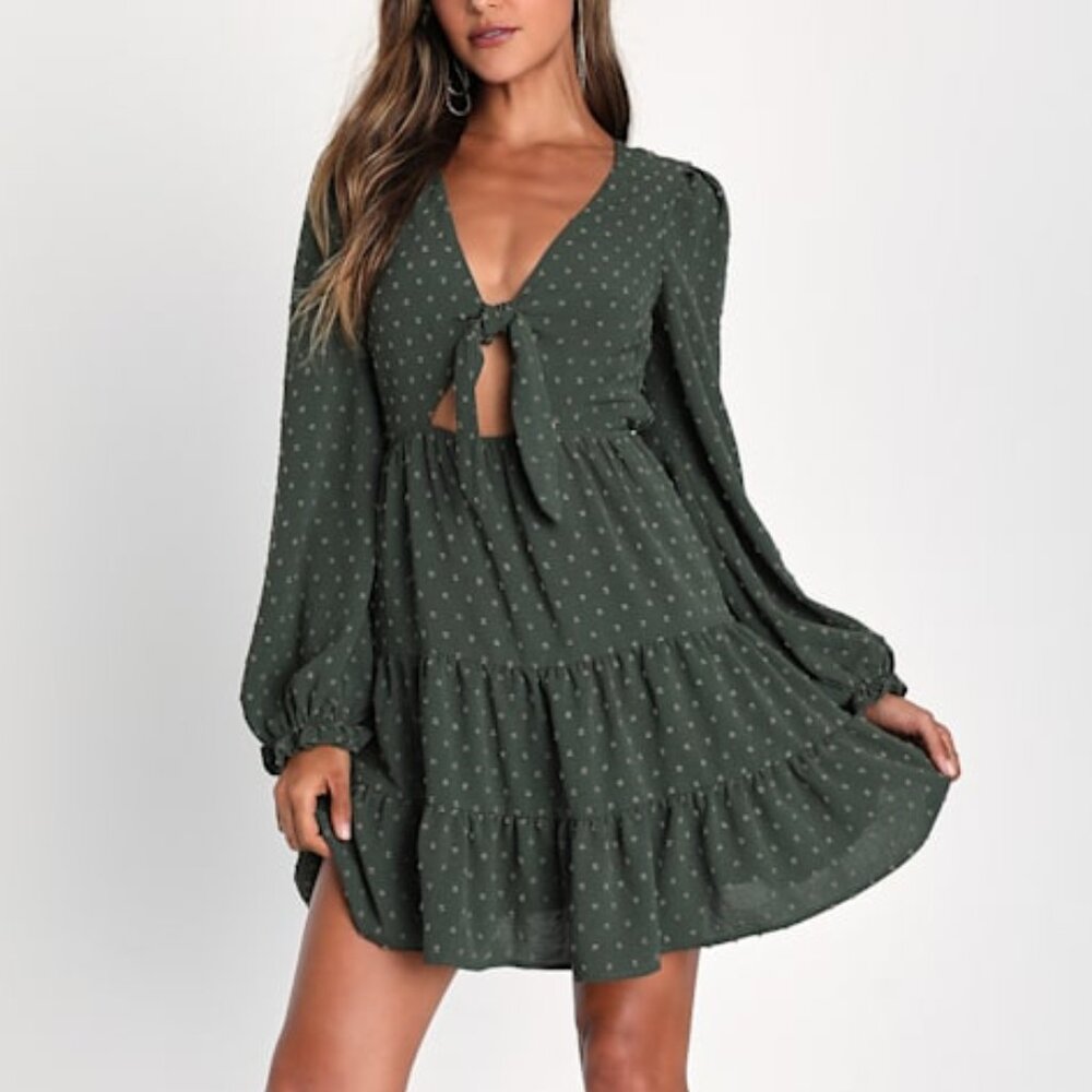 Lulus Darling Personality Olive Green Swiss Dot Tie Front Mini Dress - Size XS